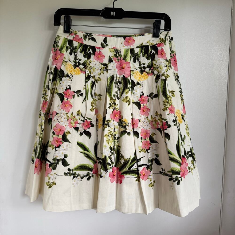 Talbots Women’s Floral Pleated A Line Skirt Cream Pink Size 0P Petite Spring